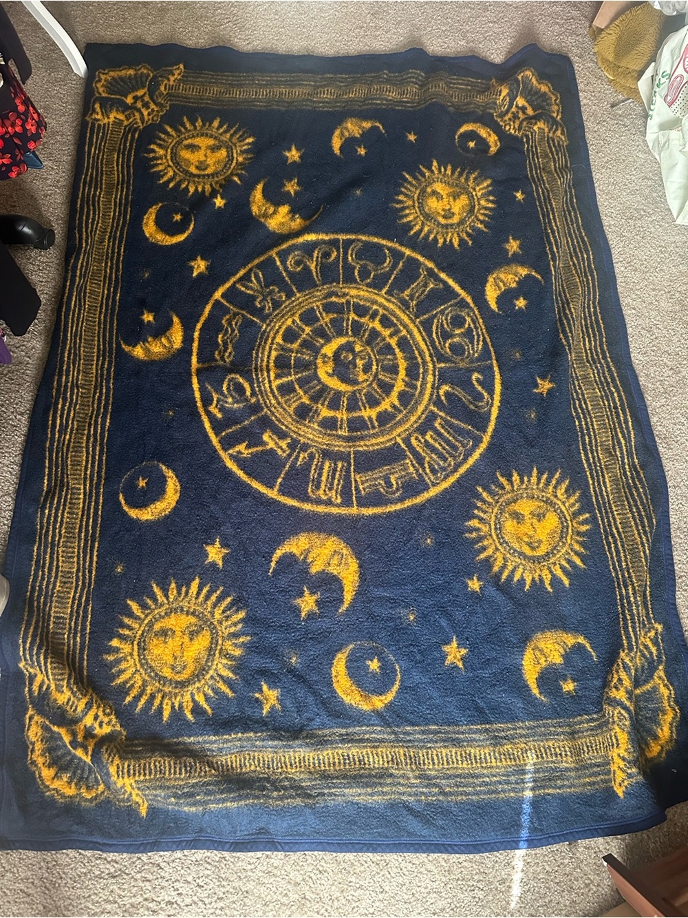 Vintage Navy and Gold Zodiac Sun Moon Throw Blanket